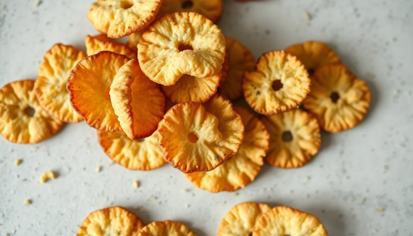 Thin, golden-brown supergrain bagel chips made from sliced bagel dough without a hole in the middle....