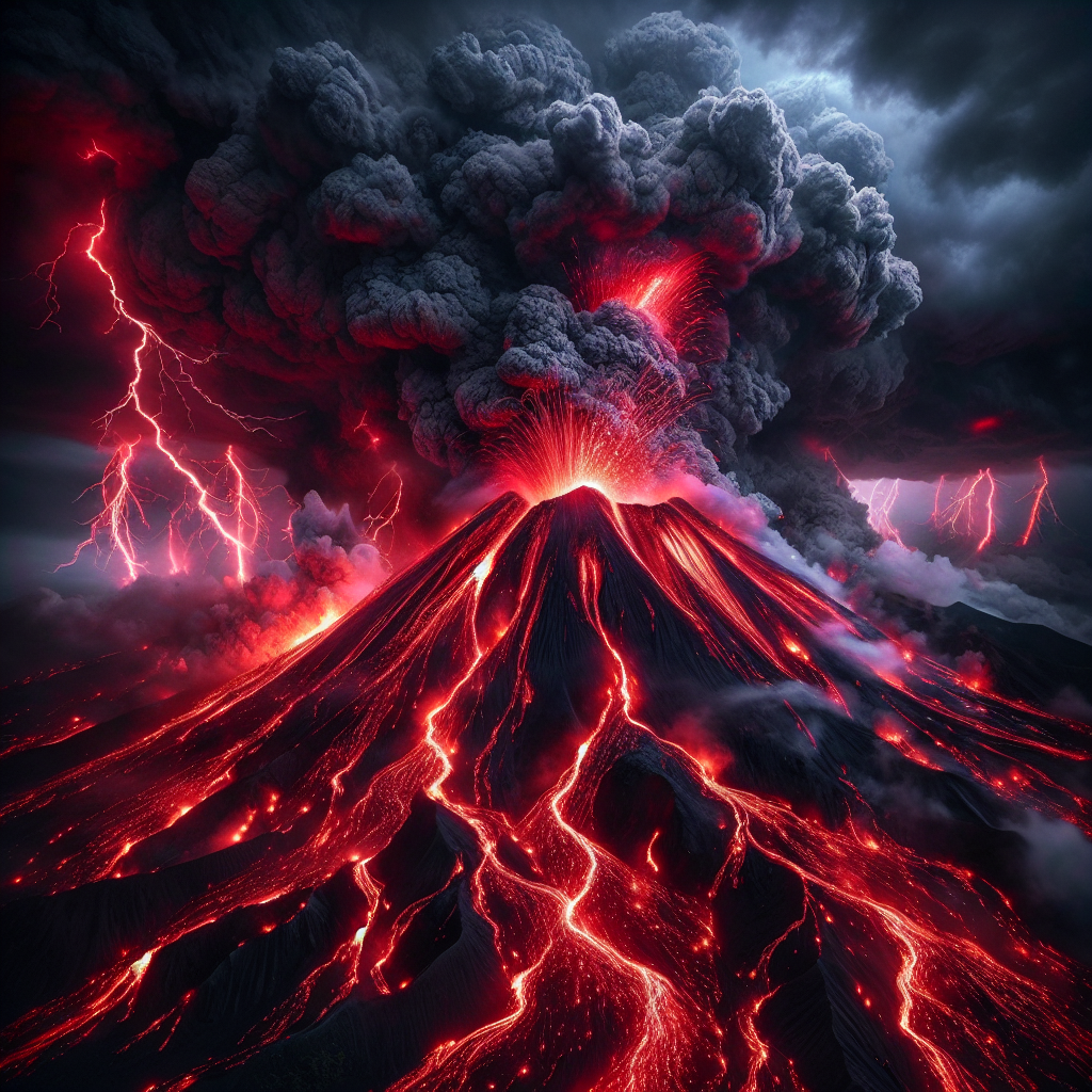 A volcanic mountain erupting with red-hot lava, surrounded by ash clouds and lightning in the sky.