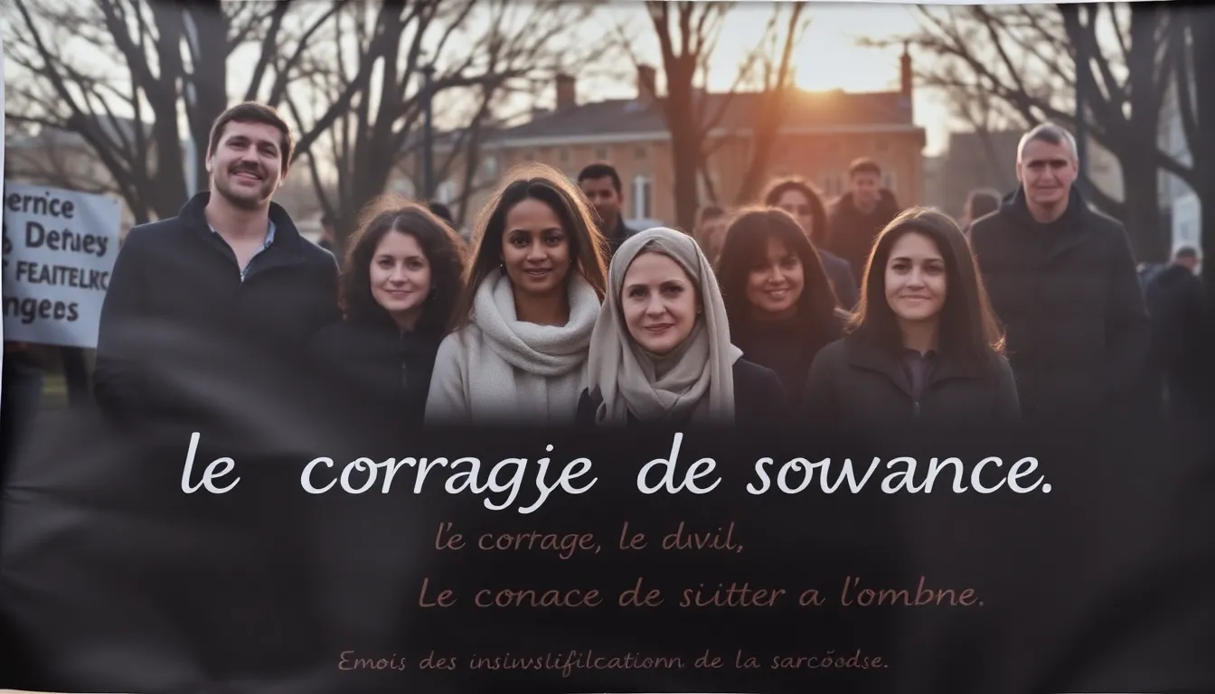 une affiche avec un groupe de personne européen. avec l'inscription le courage d'avance, le courage... une affiche avec un groupe de personne européen. avec l'inscription le courage d'avance, le courage...
