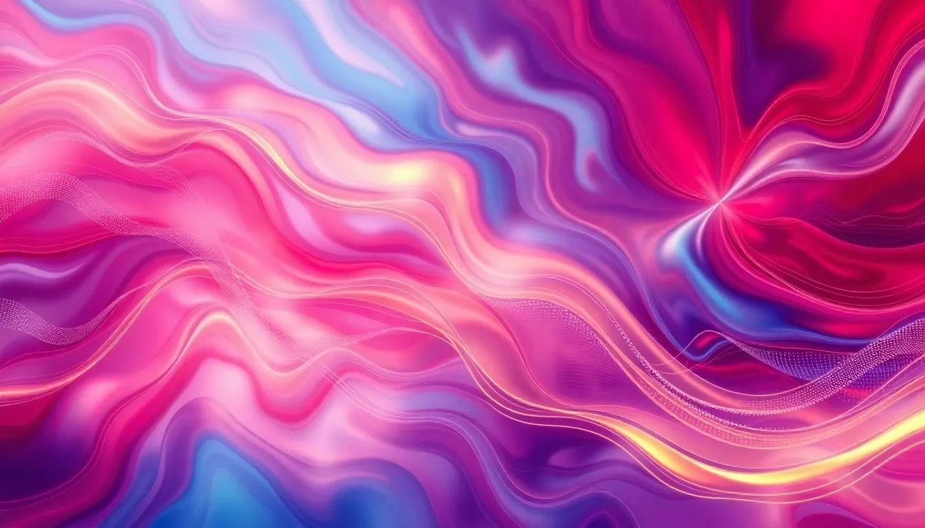 Abstract composition with fluid waves of red, blue...