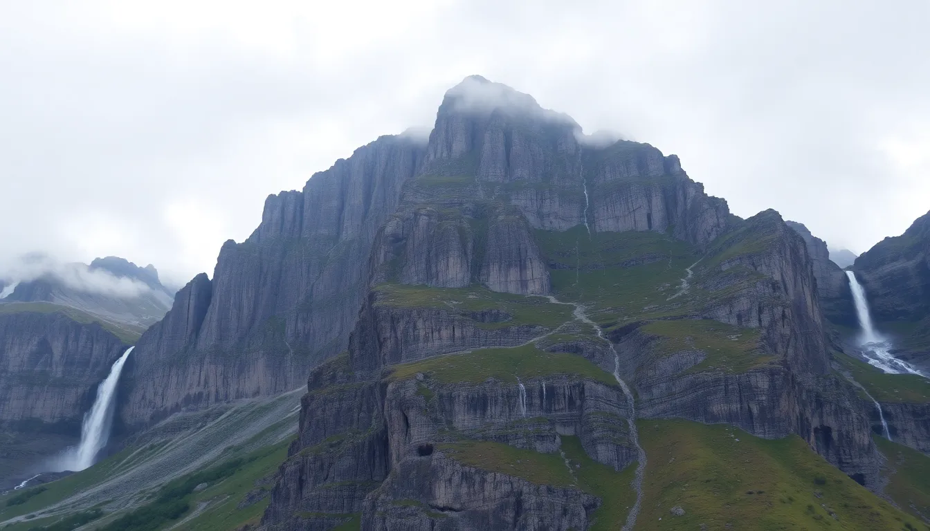 A dramatic rocky mountain range with steep cliffs and cascading waterfalls, under a cloudy sky.