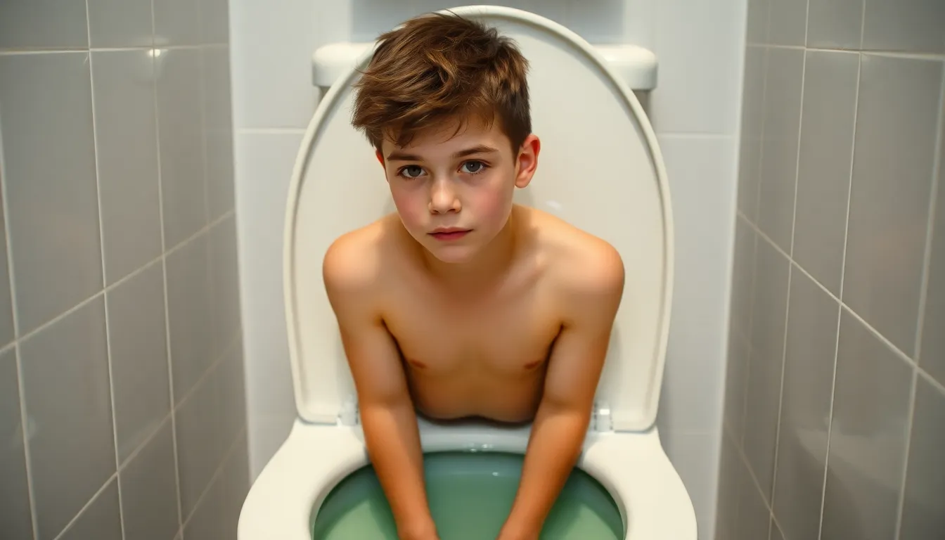 A 21 year old boy peeing in a toilet.