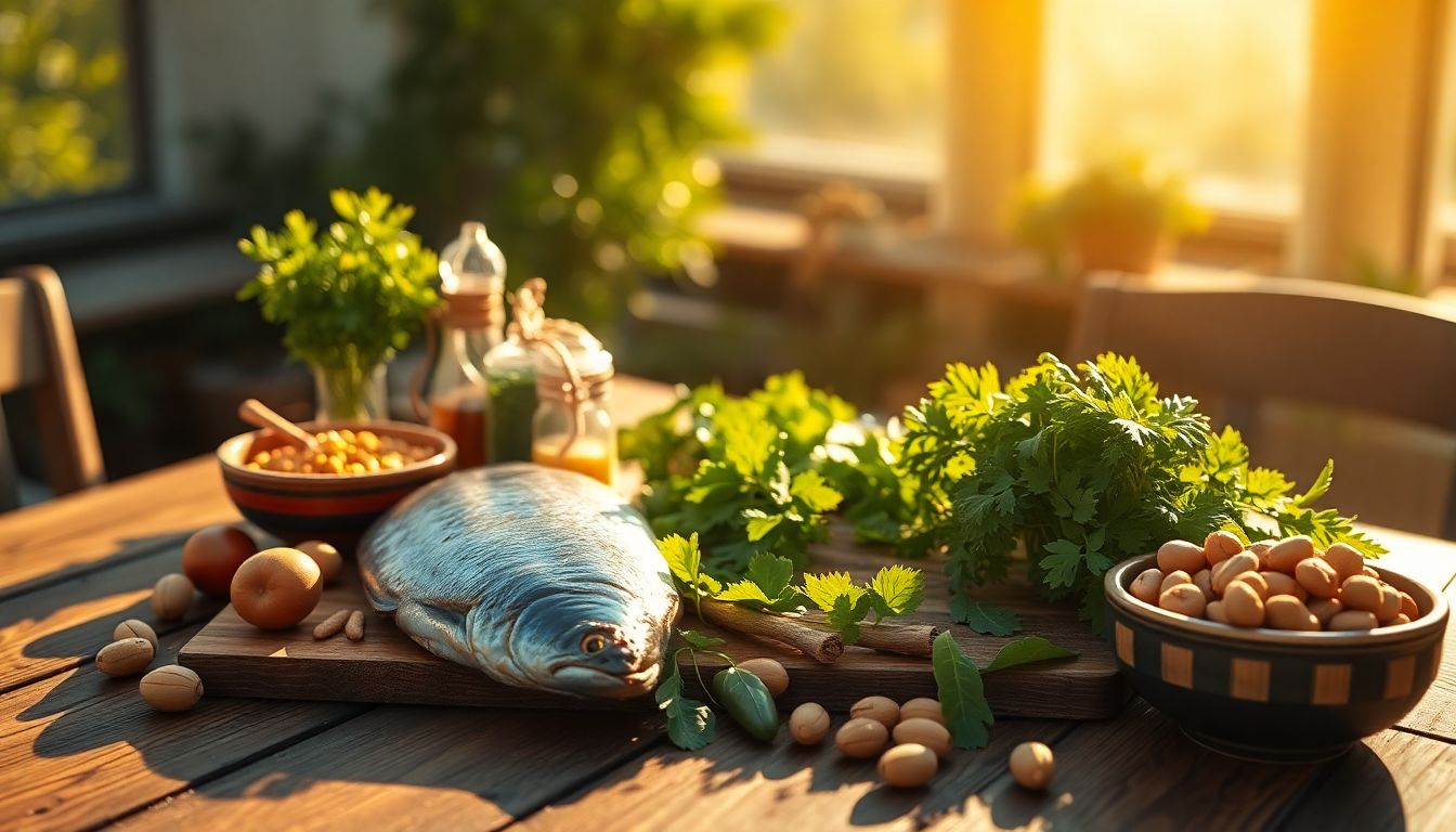A cinematic shot of a wooden table with fresh nat... A cinematic shot of a wooden table with fresh nat...