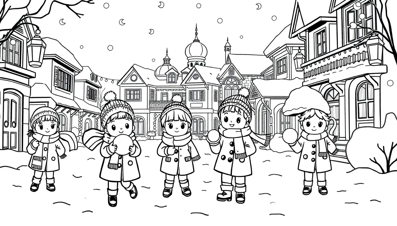 Turkish children wearing winter coats, scarves, and knitted hats, playing with snowballs in a snowy ...