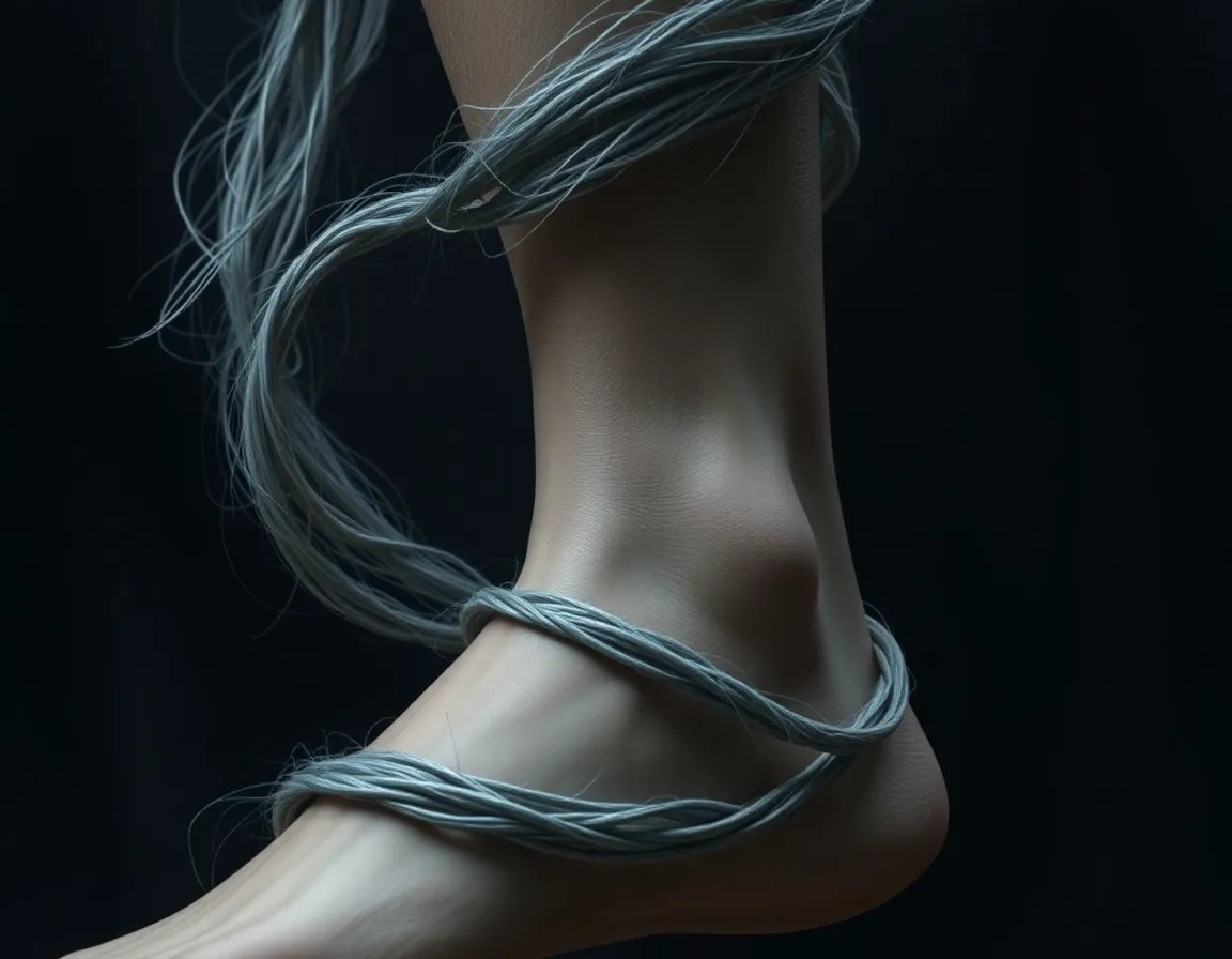 shot,strand of grey hair coiling around ankle like... shot,strand of grey hair coiling around ankle like...