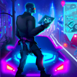 A cyberpunk city at night, with glowing neon signs, flying cars, and a mysterious figure wearing a t...