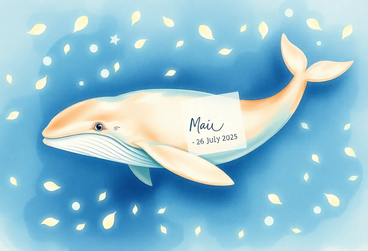 	A majestic watercolor painting portrays a female whale swimming slowly beneath the ocean’s surface,...
