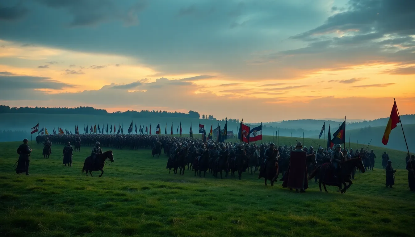 Image Prompt:
Realistic 14th-century northern France landscape at dawn, English and French armies ga...