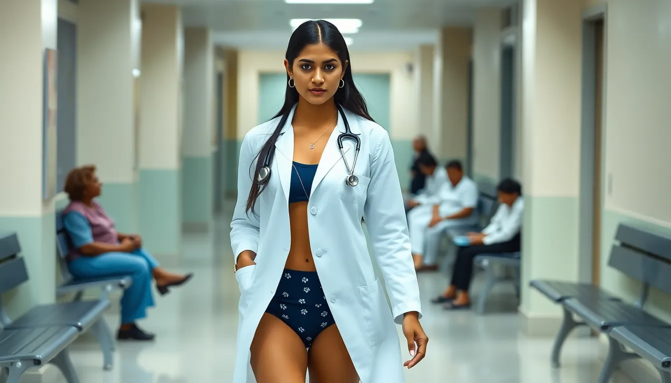 A beautiful slim and slender, young Indian woman in her 20s wearing a white doctor coat and stethosc...