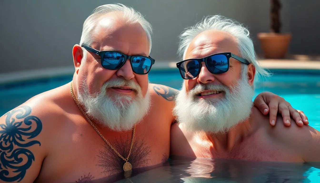 older daddy chubby with white beard and tattoo and thin gold necklace  and blue sunglass Raider
  an...