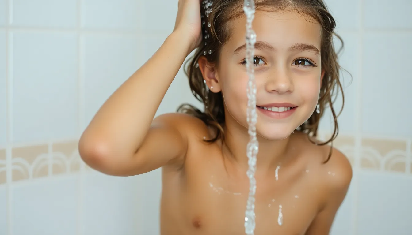 Young girl taking a shower 