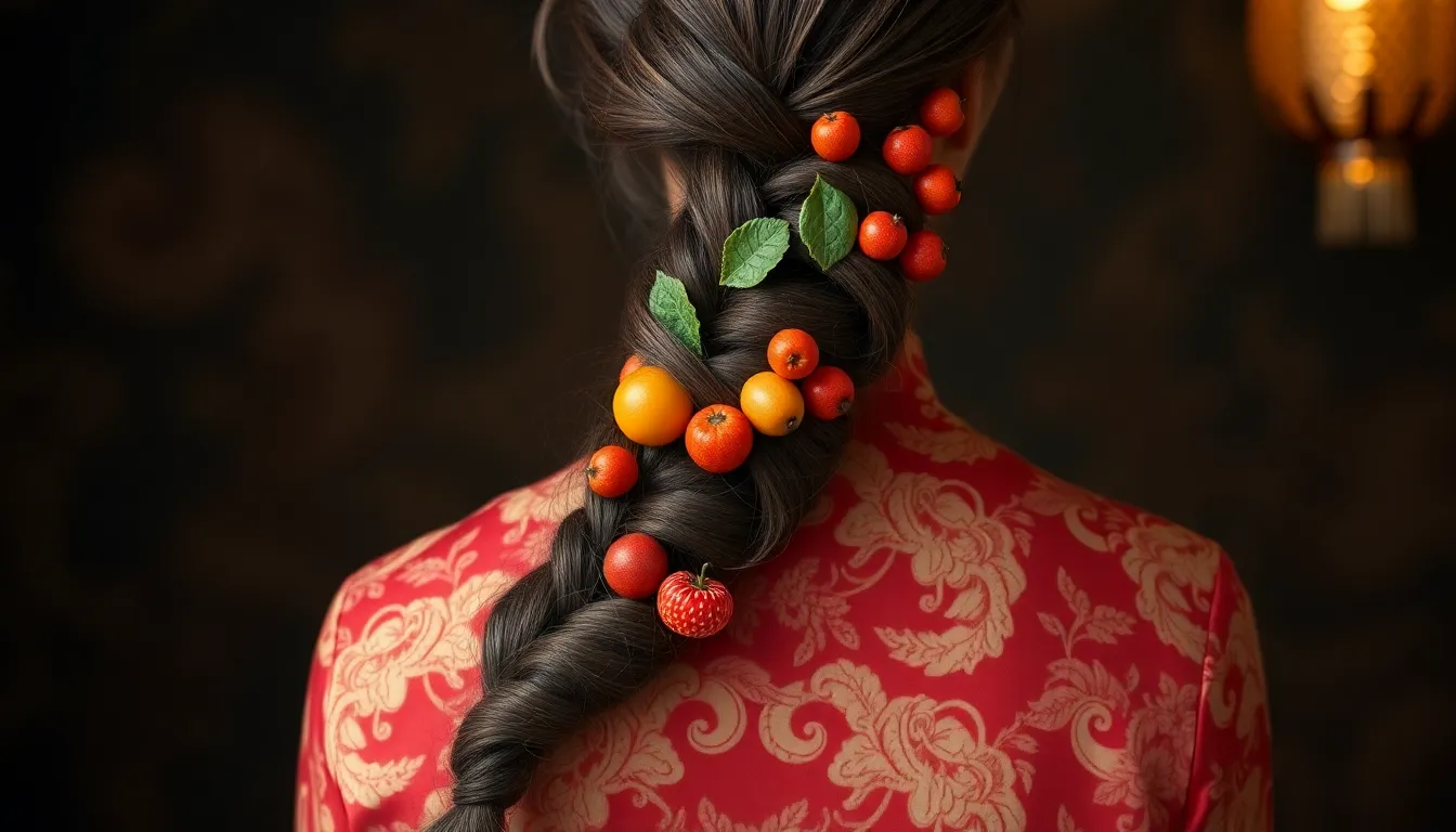 A woman in a cheongsam wears a braid with various ...