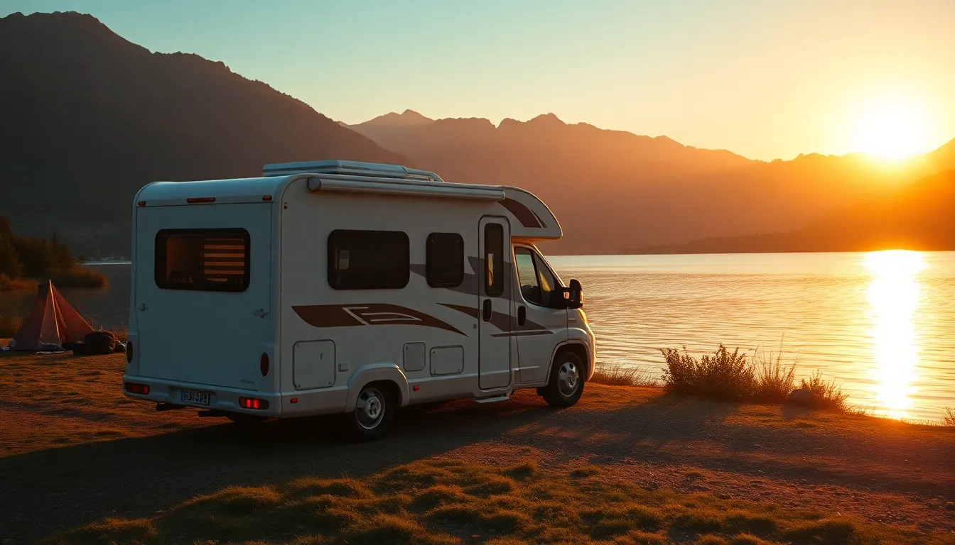 A cinematic wide shot of a luxury compact motorhom... A cinematic wide shot of a luxury compact motorhom...