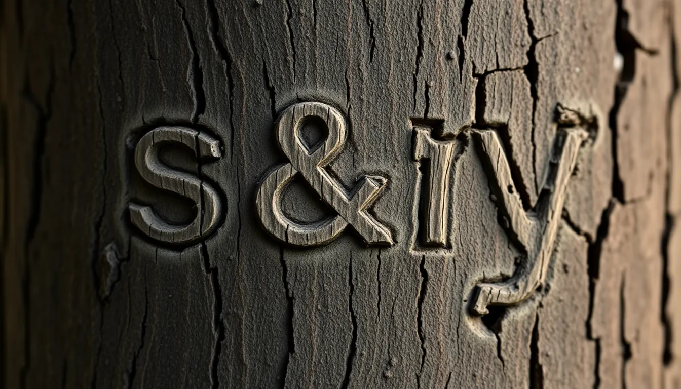 Generate a close-up shot of the irregularly carved "s&y" on a tree trunk, with the font resembling t...