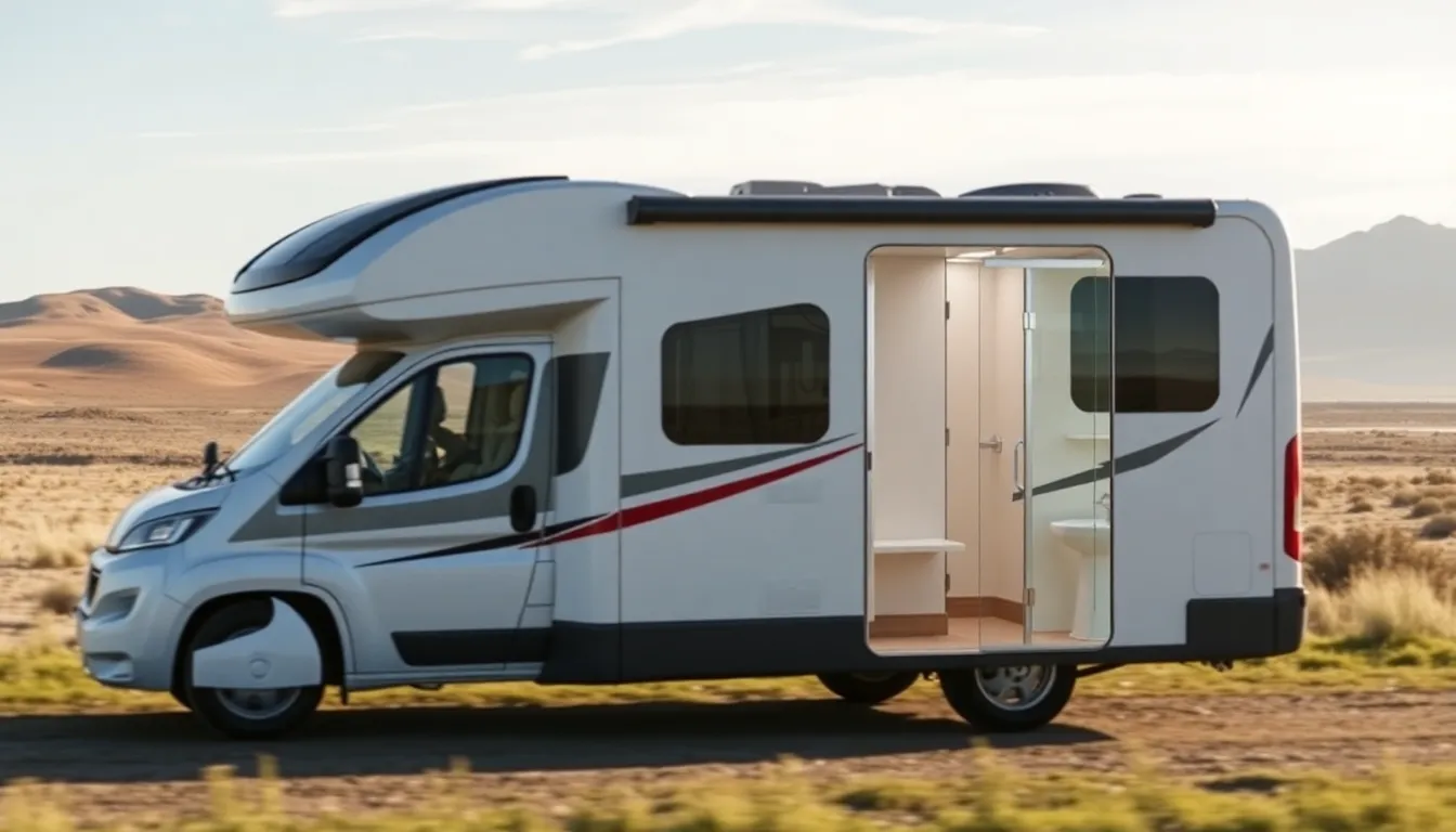 Teaser - Exterior & Shower Reveal Prompt: "A dynamic shot showing a sleek, modern Pilote P600 motorh... Teaser - Exterior & Shower Reveal Prompt: "A dynamic shot showing a sleek, modern Pilote P600 motorh...