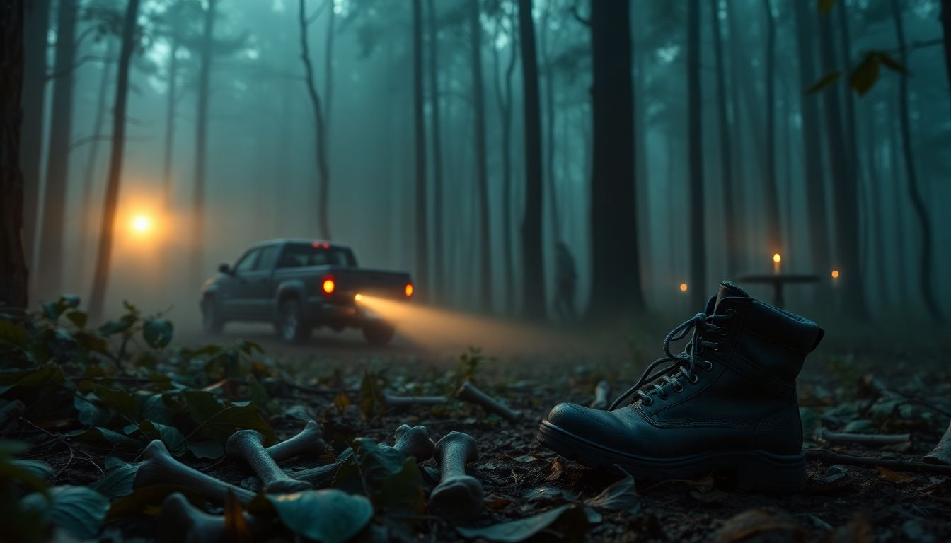 Title Text (for reference): “Bones Found. Where’s Travis?”

A cinematic forest at twilight, dense fo...