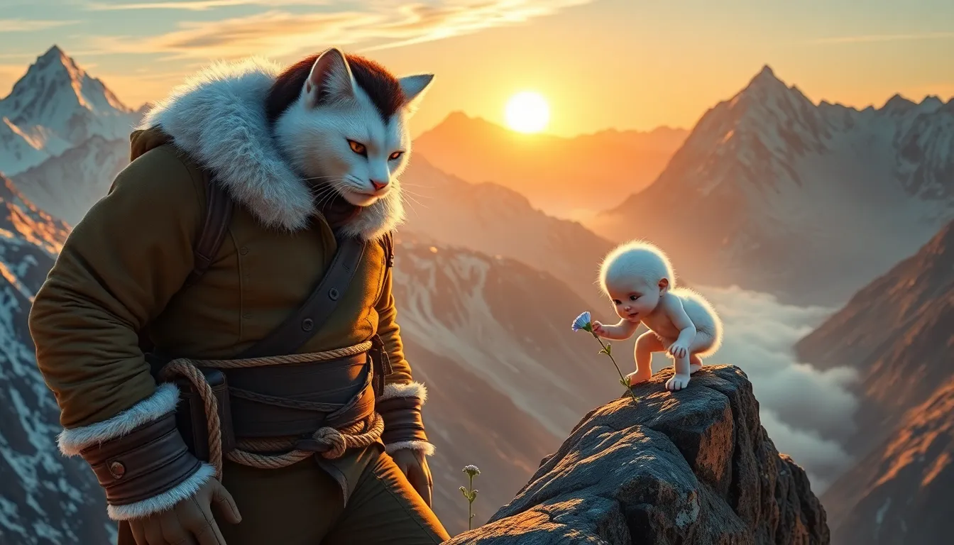 A Himalayan mountain range under golden sunset, icy jagged peaks.
A father character with a full adu...
