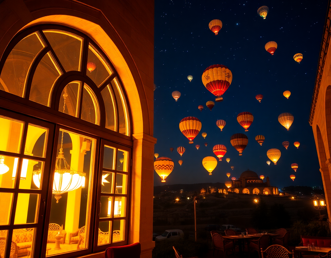 In the Turkish night, looking out from the arched large French windows with canopies of a Turkish ca...