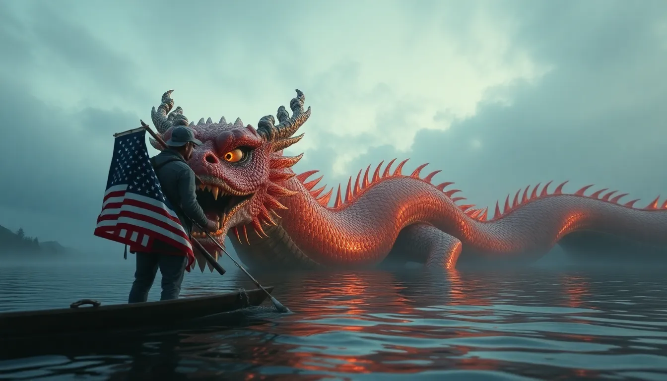 An American fisherman confronts a giant Chinese dragon in a lake, Unreal Engine, low angle, 7-D, HD,...