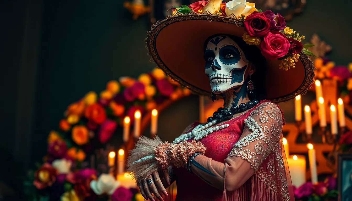 Una catrina que no sea humana, de mirada intensa viendo hacia el frente,con un elegante vestido esti...