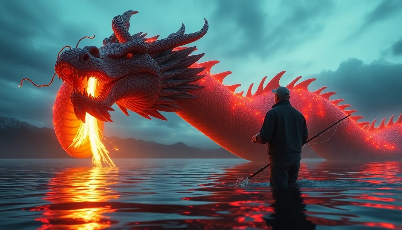 An American fisherman confronts a giant Chinese dragon in a lake, Unreal Engine, low angle, 7-D, HD,...