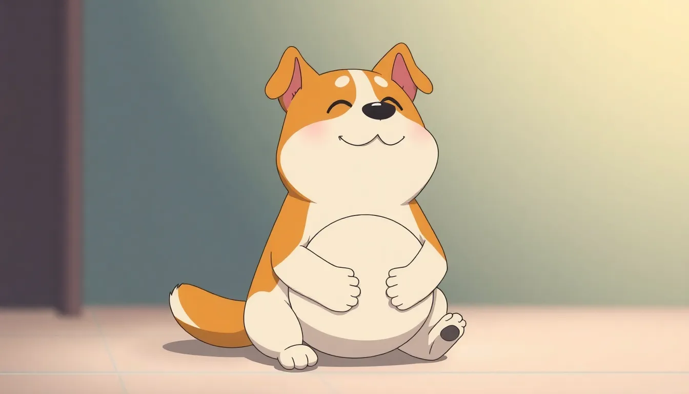 An image of an anime dog with a round belly. The dog is sitting and holding its belly with its hands...