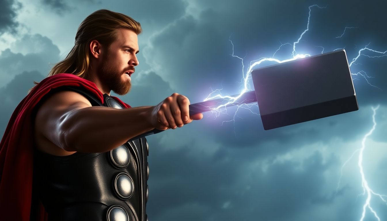 A cinematic, ultra-realistic scene in 9:16 aspect ratio. The character Thor, with the face of Chris ...