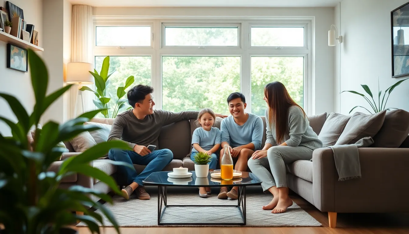 living room, happy family, fresh air, green plant