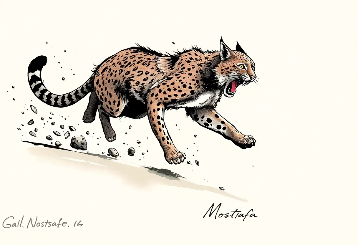 	An explosive ink illustration of a lynx mid-lunge through a wind-swept desert, its muscular form tw...