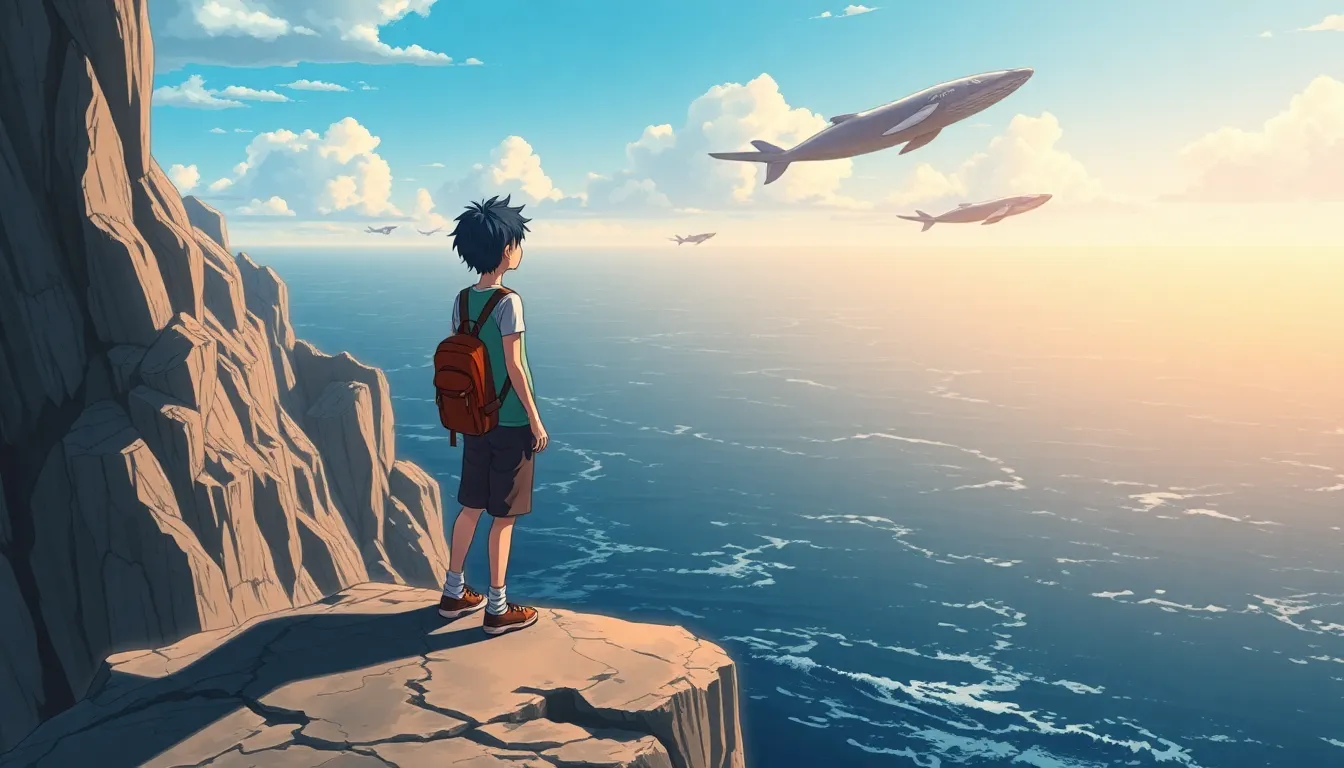 A young anime adventurer standing on a cliff, looking out over a vast ocean with flying whales in th...