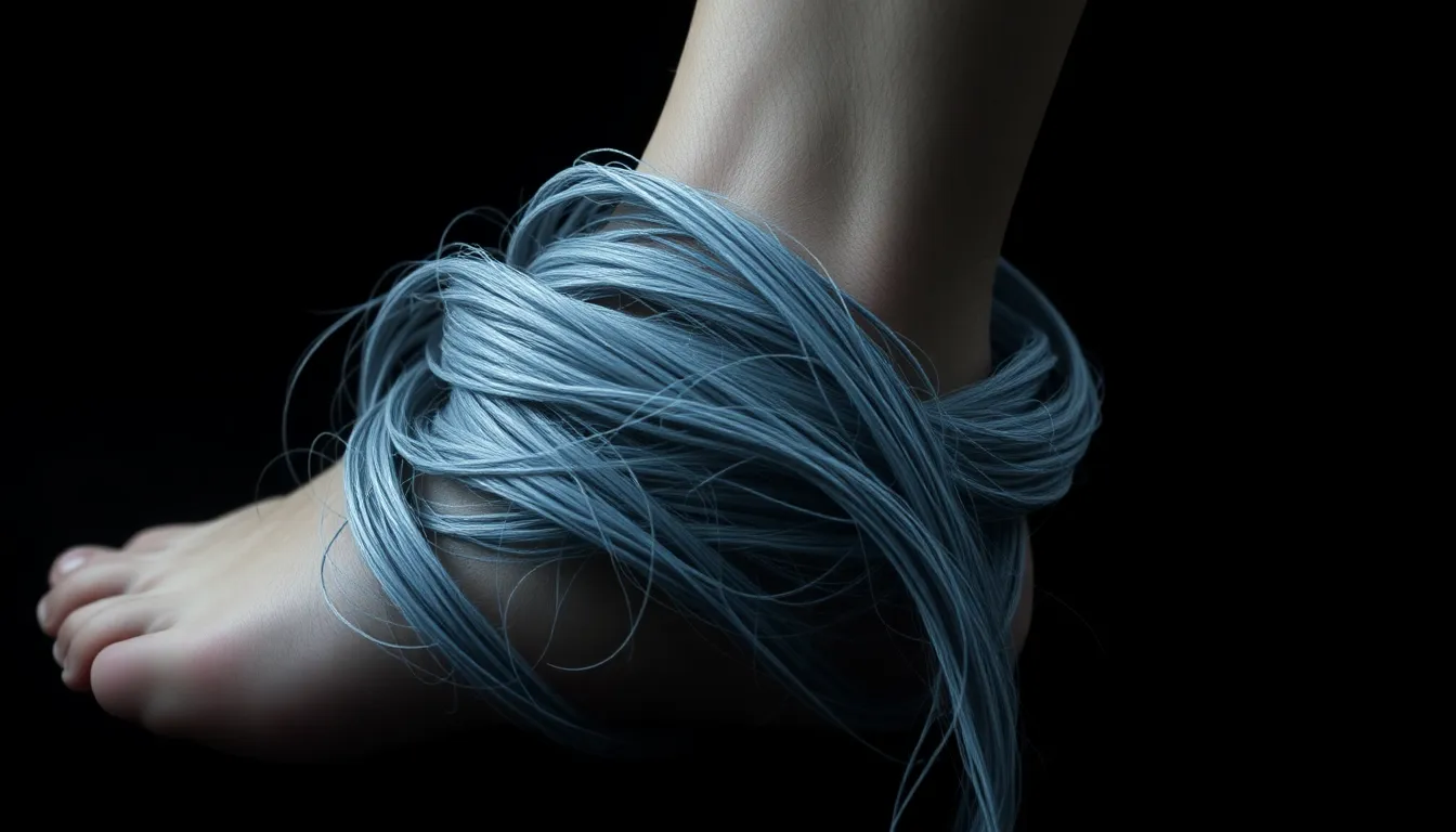 shot,strand of grey hair coiling around ankle like... shot,strand of grey hair coiling around ankle like...