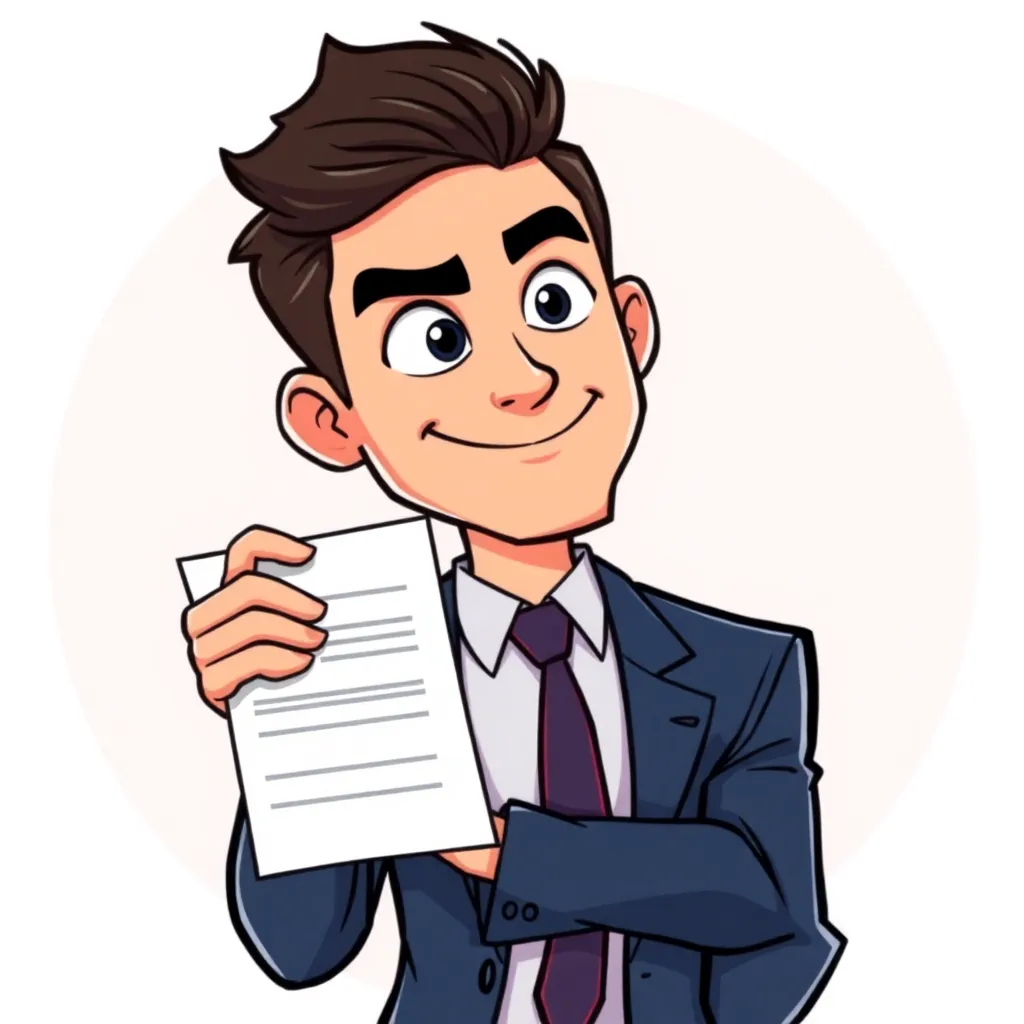 Cartoon portrait of confident businessman in sharp suit holding contract, slight smirk, upper body, ...