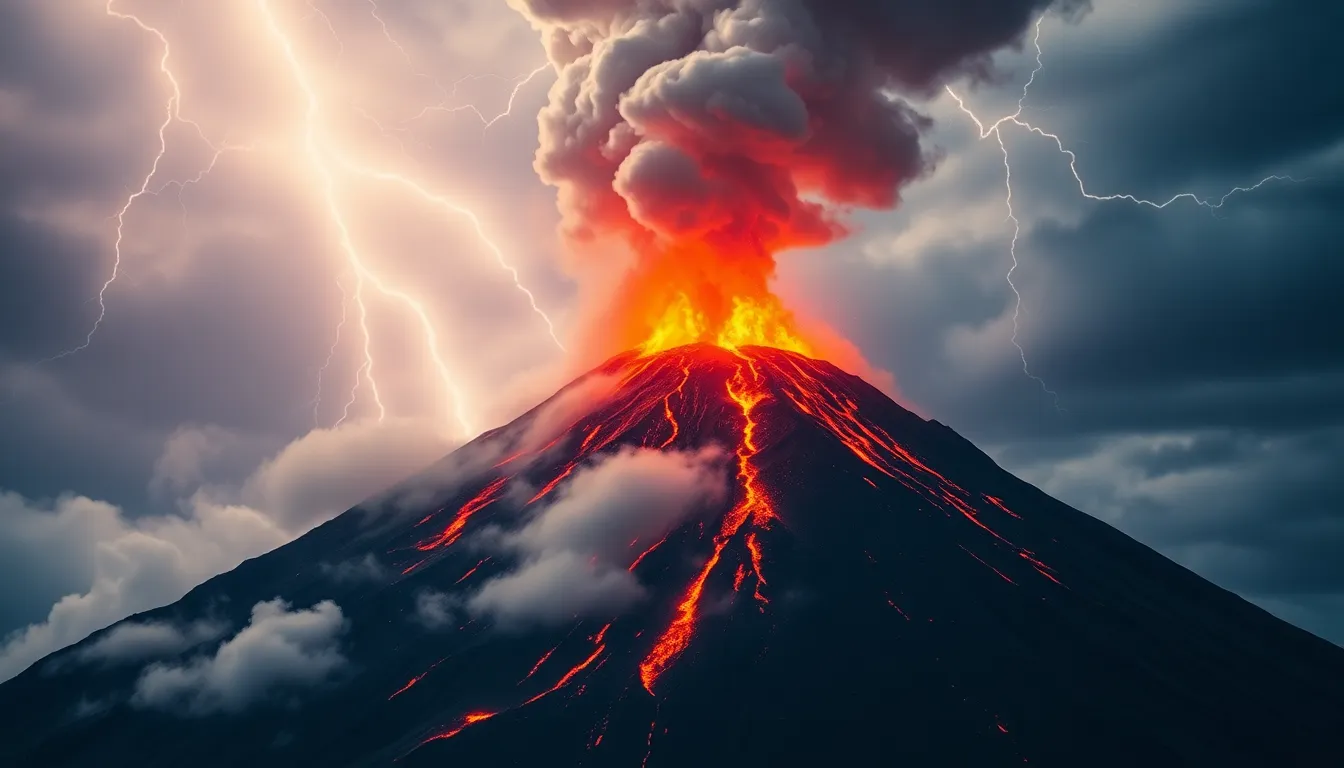 A volcanic mountain erupting with red-hot lava, su... A volcanic mountain erupting with red-hot lava, su...