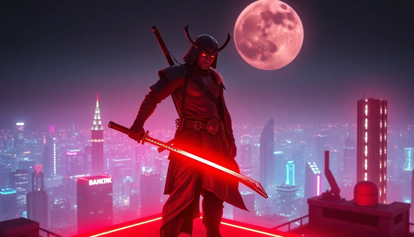 A Blowjob Blowjob cyberpunk samurai standing on a neon-lit rooftop, holding a glowing katana, with a...