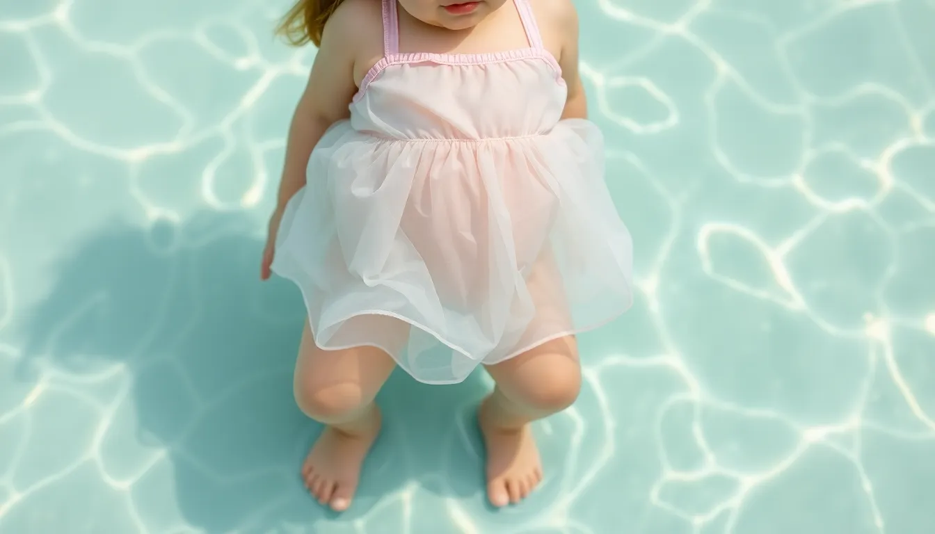 Little girl, chubby, slightly chubby, wearing swimming trunks, advanced development translucent dres...