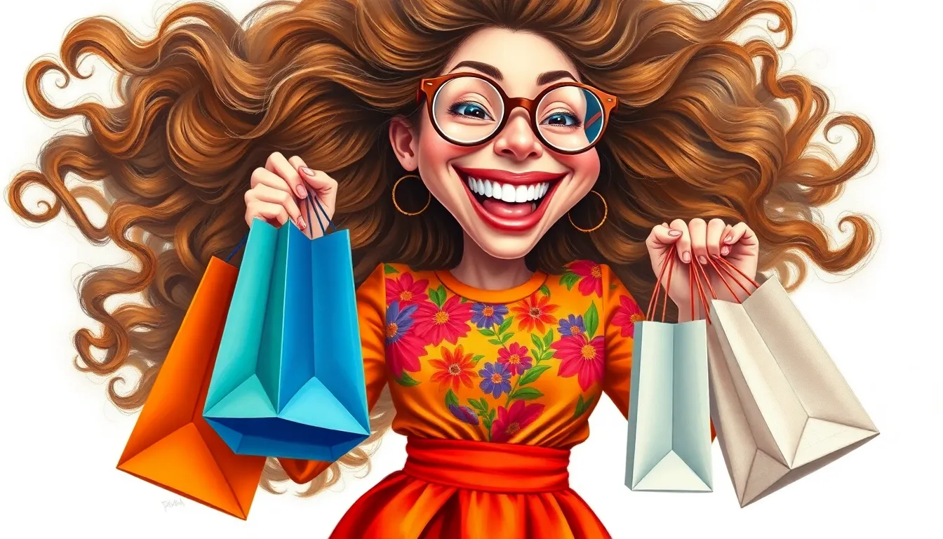 funny caricature cheerful young woman with volumin...