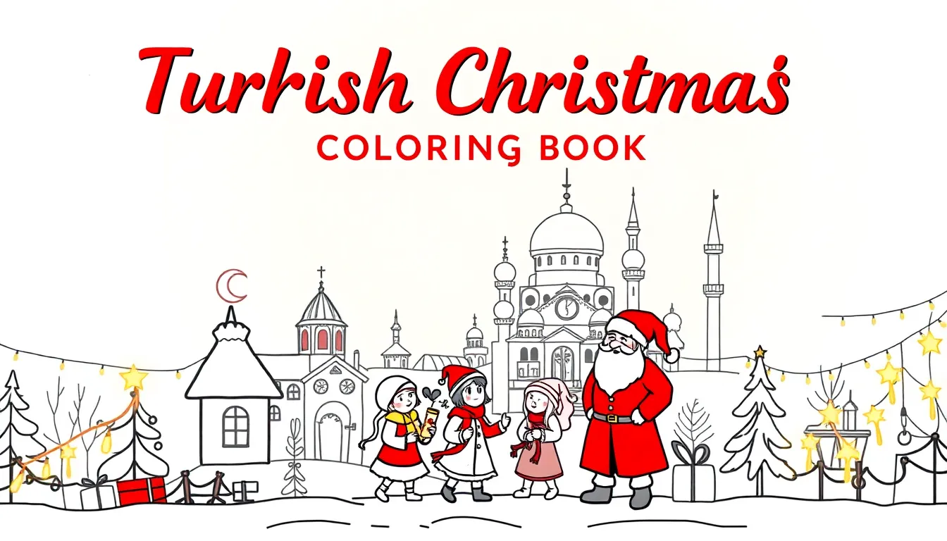 Cover page illustration: Christmas-themed Turkish winter scene with children, Santa, Ottoman houses,...