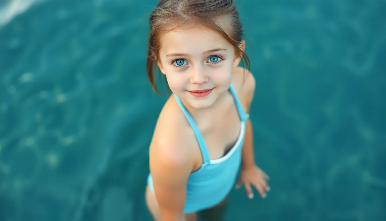 teen girl, blue eyes, light blue swimsuit, with wh...