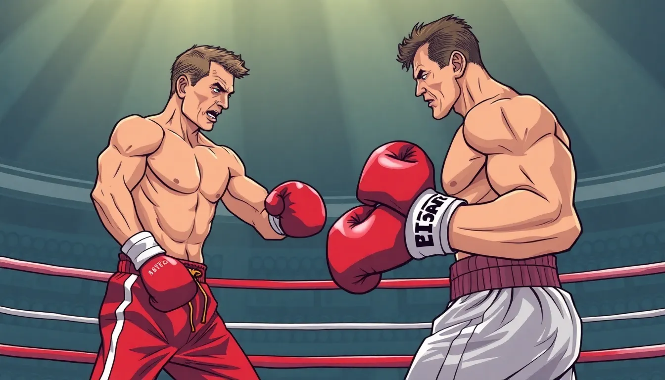 creat a an image of the bureaucracy n a boxing ring muscular and in a fitghing stand in boxing cloth...