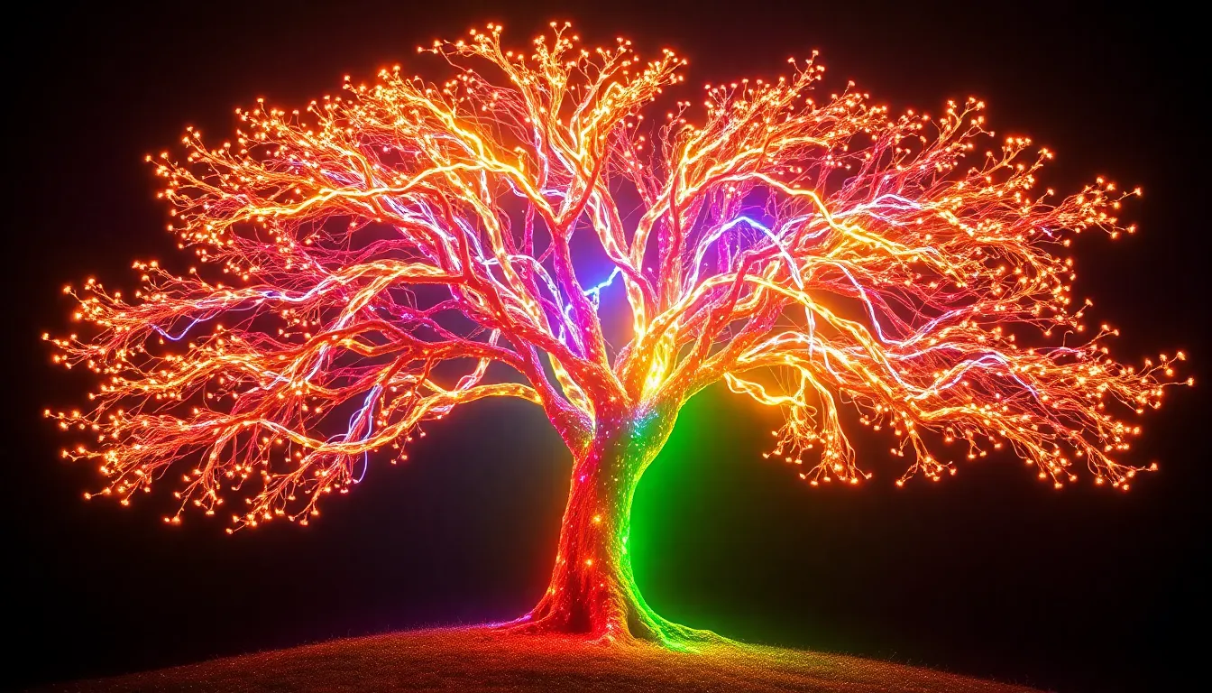 An abstract tree made of light, with glowing branc...